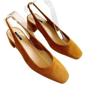 Topshop Square Toe Leather Tan Slingback Heels